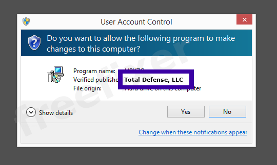 Screenshot where Total Defense, LLC appears as the verified publisher in the UAC dialog